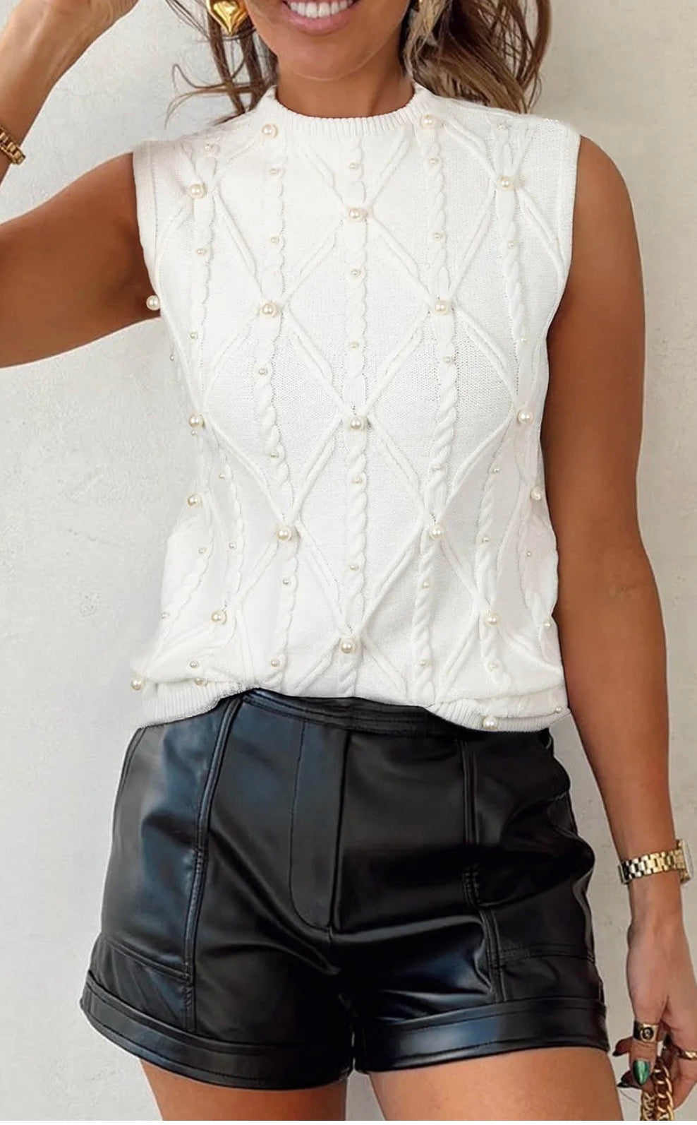 Pearled High Neck Textured Knit Sweater Vest