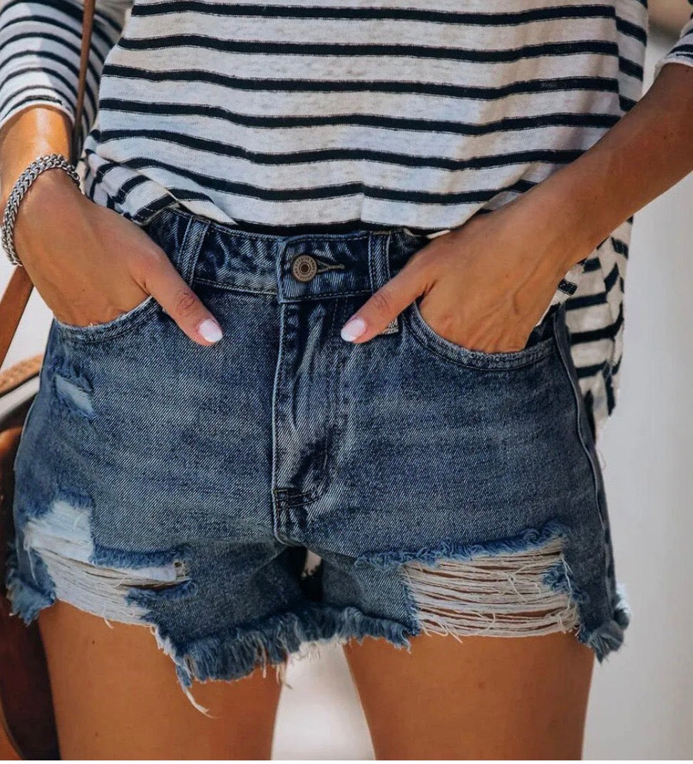 Stretched Destroyed Fringed Denim Shorts
