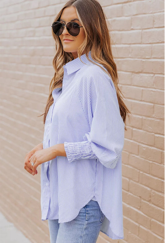 Blue smocked cuffed striped boyfriend shirt