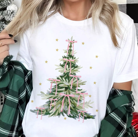 Coquette Christmas Tree Nutcracker Pink Bow Graphic Tee