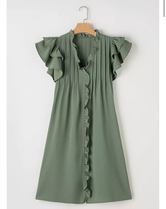 Pearl Ruffle Sleeve V Neck Frilled Shift Dress