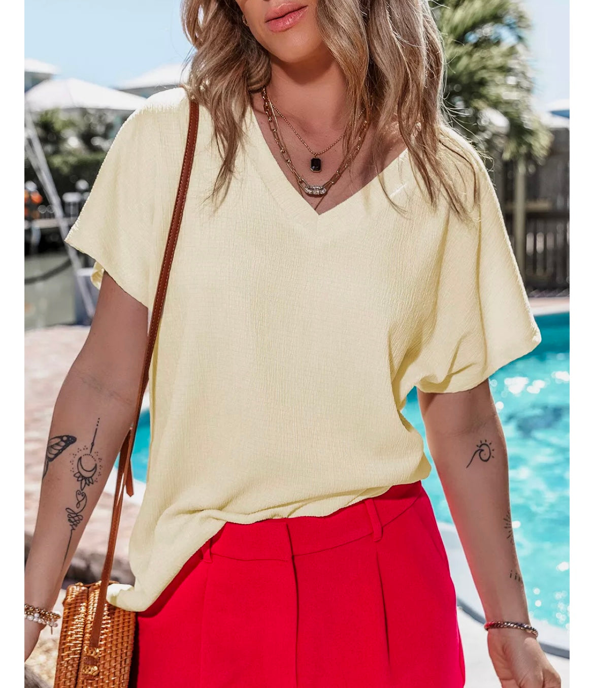 Emerson Crinkled V Neck Wide Sleeve Top