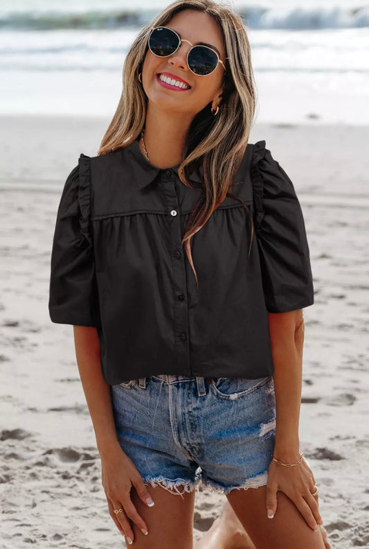 Analeia Frilly Puff Sleeve Stylish Collard Shirt